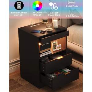 Yusong Night Stand Modern Wood <b>LED</b> Lighting <b>Bedside</b> <b>Table</b> with Charging Station 13.8D x 15.8W x 23.6H Inches - Product Image 5