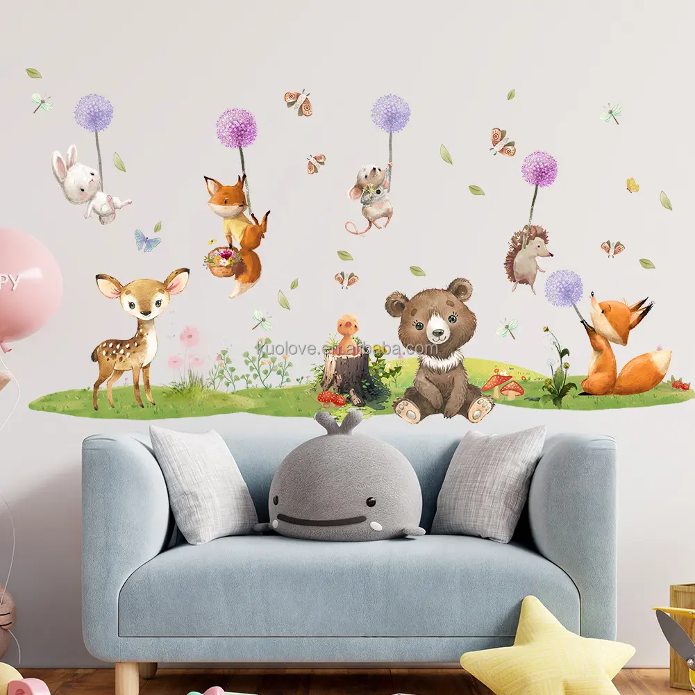 Papel de parede de PVC autoadesivo para decoração de quarto e sala de estar, adesivo de urso de desenho animado de animal fofo de pulênio florestal