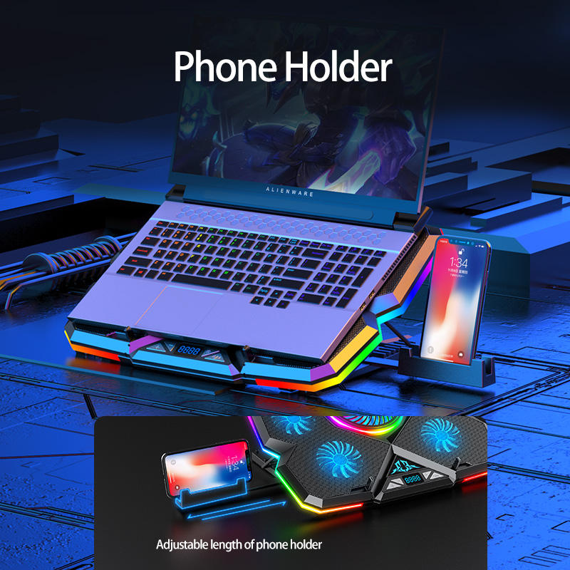 ORANGLES 5-Fan RGB Gaming Laptop Cooling Pad | Dual USB Powered Notebook Cooler, Adjustable Stand Riser for 15.6"-17" Laptops, PC Heatsink (Kuwait) - full product showcase - displaying specifications - Image 5 of 6 | adapts to any space | 5-Fan RGB Gaming Laptop Cooling Pad | Dual USB Powered Notebook Cooler, Adjustable Stand Riser for 15.6"-17" Laptops, PC Heatsink (Kuwait) deal New Jersey | Free Shipping ORANGLES