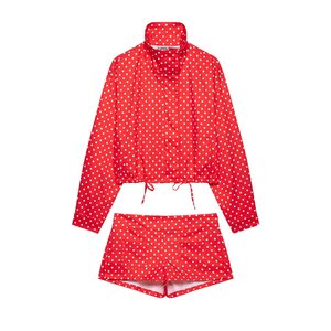 Set da <span class=keywords><strong>donna</strong></span> 2026: Nuovo completo casual alla moda con giacca a maniche lunghe con cerniera a pois e mini shorts <span class=keywords><strong>retrò</strong></span> a pois - Product Image 1