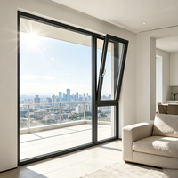Ventana Abatible y Giratoria de Aluminio con Rotura de Puente Térmico, Negra, de Fábrica, con Vidrio Grande Fijo, Apertura Interior, para Pared Exterior de Villa