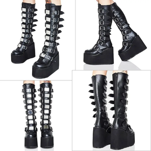 Botas De Combate Personalizables De Media Pantorrilla Hasta La Rodilla Estilo Punk Gótico Para Mujer Con Plataforma Gruesa Cierre Y Punta Redonda - Product Image 3