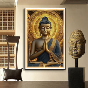 आधुनिक गोल्डन बुधा चित्र विलासिता हीरा मंदिर पृष्ठभूमि दीवार सजावट गर्म चमकदार एलईडी प्रकाश मुद्रित कागज समकालीन - Product Image 2