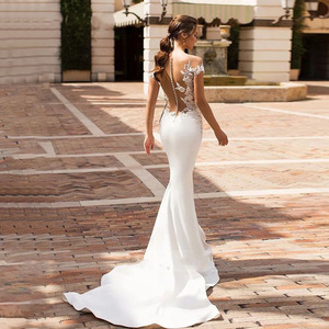 <b>White</b> Mermaid Wedding Dress V-Neck <b>Lace</b> Cut-Out Train Bridal Gown - Product Image 4