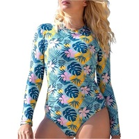 Traje de Baño Enterizo Ajustado para Mujer, Protección Solar, Mangas Largas Estampadas, Cierre y Protección UV, Superventas