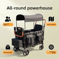 Poussette métallique quatre places avec fonction couchage plat pour s'asseoir et s'allonger, idéale pour les sorties familiales en camping