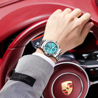 Montre chronographe sport pour homme Poedagar 834, cadran bleu clair, bracelet en acier, multifonction, calendrier, étanche, quartz.
