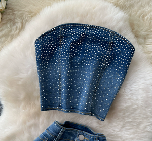Ensembles <span class=keywords><strong>en</strong></span> <span class=keywords><strong>jean</strong></span> pour femmes, costume <span class=keywords><strong>en</strong></span> <span class=keywords><strong>jean</strong></span> pour femmes avec paillettes, haut sans manches dos nageur et pantalon évasé taille haute, tendance - Product Image 5