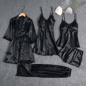 Ropa para el hogar con <span class=keywords><strong>Jama</strong></span> de cuero Pijamas de mujer con almohadillas para el pecho Conjunto de pijamas de encaje sexy de satén Pijamas de seda - Product Image 6