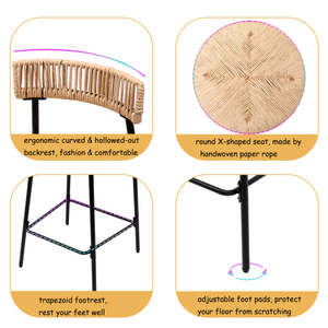 Modern Adjustable Hand Woven Paper Rope <b>Bar</b> Stools with Back and Footrest Set of 2 for Hotel & Dining Rooms - Product Image 4