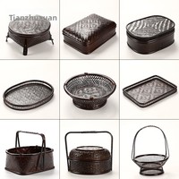Cesto de Armazenamento Retangular Oval de Bambu Artesanal com Tampa, Estilo Chinês, para Organização Doméstica, Cesto de Frutas e Organizador de Chá