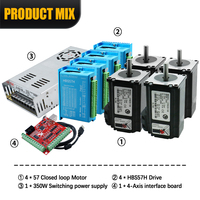 Kit moteur pas à pas HLTNC Nema23 en boucle fermée 2Nm-3Nm avec driver servo hybride HBS57H, alimentation et carte d'interface 4 axes pour CNC