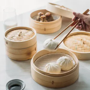 Newell 도매 중국어 주방 요리 미니 만두 딤섬 10 인치 식품 증기선 바구니 세트 대나무 증기선 라이너