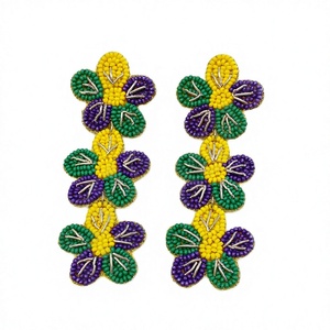 Purple Green Gold <b>Beaded</b> Silver Plated Flower Design Drop Earrings for Women Festive Accessory for <b>Mardi</b> <b>Gras</b> Carnival Parades - Product Image 5