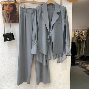 Femmes été en mousseline de soie épissage faux deux pièces veste taille haute <span class=keywords><strong>jambe</strong></span> large pantalon crème solaire costume deux pièces ensemble Sehe mode - Product Image 3