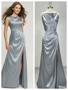 미니멀리스트 주름 장식 새틴 들러리 원피스-실버 회색 하이 슬릿 이브닝 가운 파티 원피스 - Product Image 5