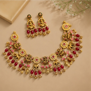 Elegante conjunto de collar y aretes de plata 925 con cuentas rojas y rosas, joyería nupcial india tradicional para mujeres. - Product Image 3