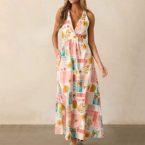 Vestido halter con cuello en V, estampado tropical multicolor rosa playa, hecho a medida, vestido de playa de rayón lujoso para mujer - Product Image 2