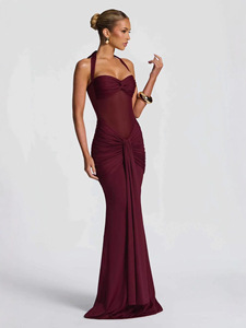 Robe longue sirène sexy pour femme, en maille transparente froncée, col licou, pour événements formels, soirées glamour et fêtes mode - Product Image 4
