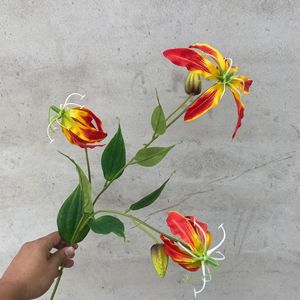 Gloriosa Flame Lily Artificial <b>Flowers</b> 3-Head Sunset Red Silk High Simulation Wedding Home Decor - Product Image 2