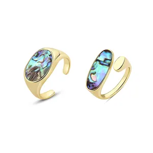 Individuality Design Adjustable 18k Gold Open Ring 925 Sterling Silver Abalone Shell Rings for women