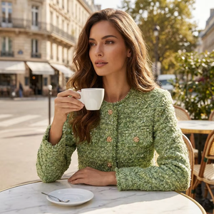Manteau pour <span class=keywords><strong>femme</strong></span>, nouveau <span class=keywords><strong>style</strong></span> 2026, manteau en tweed avec boutons dorés, tissu personnalisé OEM/ODM - Product Image 1