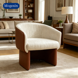 Stylish Beige Fabric & Brown Leather <b>Armchair</b> Modern Accent Chair for Home & Hotel Suitable for living rooms <b>dining</b> rooms - Product Image 1