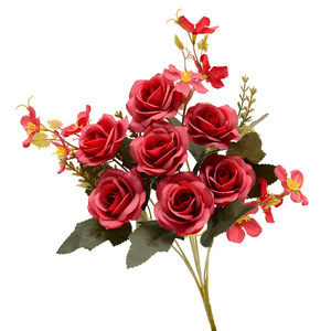 Bouquet de roses artificielles Dongchen Crafts, 7 têtes, fleurs en soie rouges, pour mariage, décoration de la maison, environ 30 cm de haut - Product Image 1