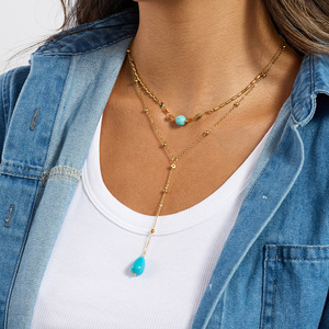 Collier en acier inoxydable en forme de larme bleu turquoise avec diamants, design classique, bijoux cadeau - Product Image 1