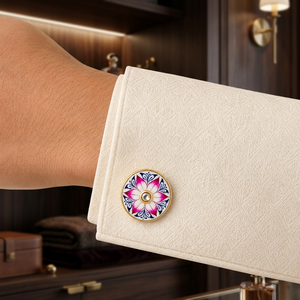 Handmade Enamel Lotus Flower Cufflinks <b>for</b> <b>Men</b> Brass Gold Plated Navy Pink Formal Wear Birthday Anniversary Rajasthan - Product Image 6