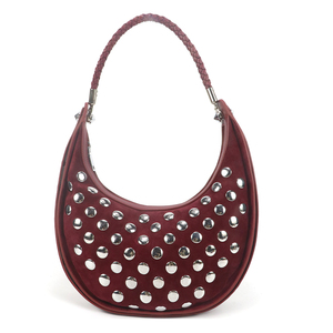 Bolso de hombro para mujer, de ante y terciopelo, color rojo vino, con remaches, estilo hobo, para uso urbano - Product Image 1