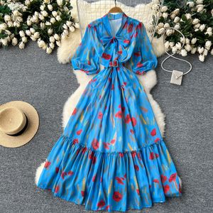 Vestido Túnica Largo Casual para Mujer con Cuello de Lazo Romano, Tejido Transpirable, Manga Abullonada, Estampado Digital, Volantes y Encaje - Product Image 5