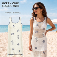 Robe de plage ajourée en maille pour femme, motif coquillage et étoile de mer brodé, sans manches, en tricot, idéale pour l'été et comme cache-maillot