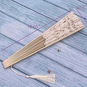 Éventail en dentelle pour femme, élégant, en coton, fait main, style vintage rétro, avec bâtons en bambou et pompons en soie, pour mariage - Product Image 4