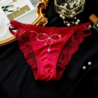 Braguitas de mujer de talle bajo con decoración de lazo y diamantes, de encaje sexy, transpirables, de talla grande, tipo triángulo, de satén de alta elasticidad, ropa interior íntima