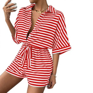 Women Striped Short Sleeve Jumpsuit With Belted Waist Turn-<b>down</b> Collar Loose Fit Above Knee Casual Beach Wear Spring Summer - Product Image 3