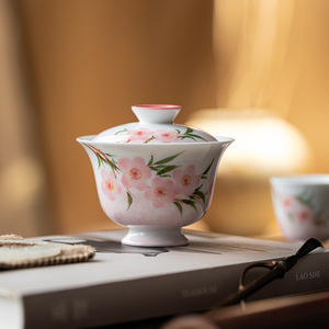 Hand Painted Peach Blossom Gaiwan Teacup With Lid Porcelain Kung Fu <b>Tea</b> <b>Set</b> Chinese Ceramic Household <b>Tea</b> Bowl - Product Image 3