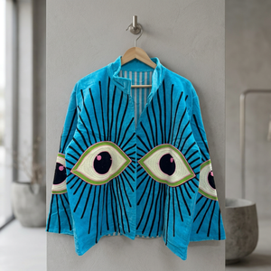 Blusa de Invierno para Mujer, Tejida en Terciopelo Azul, Ligera, 100% Algodón, Bordado Floral, Transpirable, Estilo Boho, Hecha a Mano - Product Image 3
