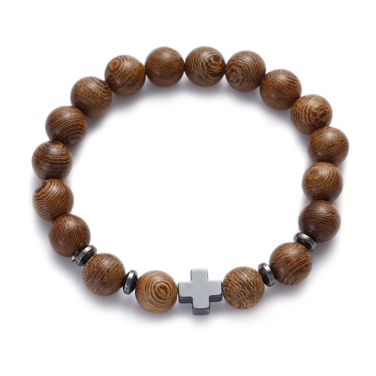 Ethnisches Gebet Männer Naturstein Holz Perlen Rosenkranz Hämatit Kreuz Armbänder Meditation Armband