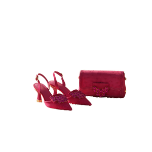 Ensemble chaussures et sac de soirée pour femmes africaines, à talons compensés motif léopard, bout carré, avec décoration en strass, couleur magenta, pour mariage nigérian - Product Image 1
