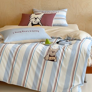 Parure de lit 4 pièces en coton 100% à rayures motif chien de dessin animé, douce et respirante, en coton à fibres longues, <span class=keywords><strong>pour</strong></span> filles - Product Image 1