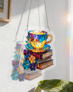 Puzzle en acrylique motif tasses de thé et livres en vitrail, attrape-soleil, décoration suspendue pour fenêtre, vente en gros, logo personnalisé - Product Image 4