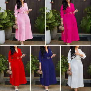 Vestidos Maxi Elegantes e Informales para Mujer, de Color Sólido, Manga Larga, Cuello en V, Plisados, de Spandex, Lisos, para Oficina, de Verano, con Cinturón - Product Image 2