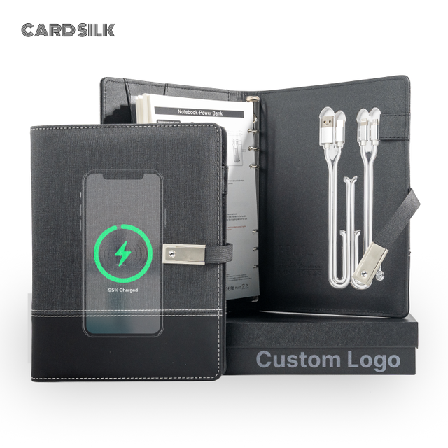 CARDSILK Custom Logo Leather Power Bank Notebook Gift Wireless Charger, 16GB USB, Mini LED Lamp Smart Diary Journal Notebook