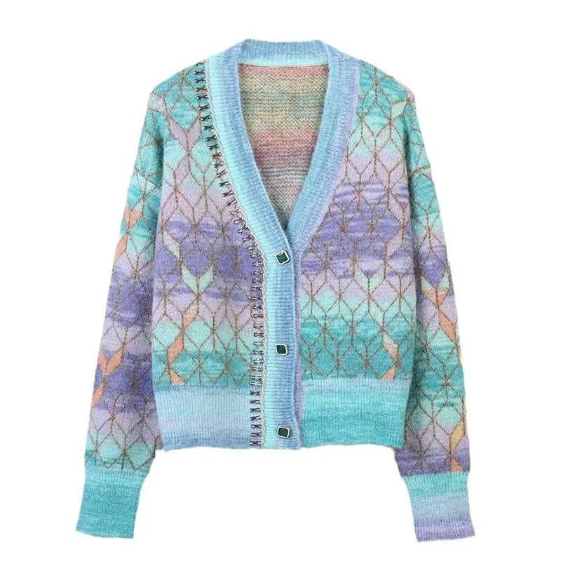 Mohair Lurex Argyle Jacquard Knit Cardigan Knitwear Women's Sweater With Beading and Rhinestones