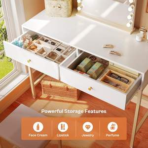 Tocador de Maquillaje Moderno con Taburete Acolchado, Escritorio Blanco y Dorado con Cajones, Conjunto de Tocador y Taburete, Mesa de Maquillaje con Silla - Product Image 5