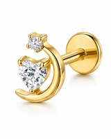 Boucles d'oreilles clous en titane ASTM F136 plaqué or avec zircon, motif cœur et lune, anneaux de nez spirale, manchettes d'oreille, cadeaux pour mariage et fête