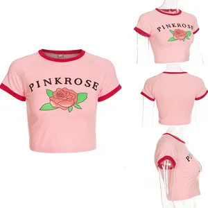 Vendita all'ingrosso saree per camicetta rosa-Camicia a maniche corte rosa crop top camicetta da donna