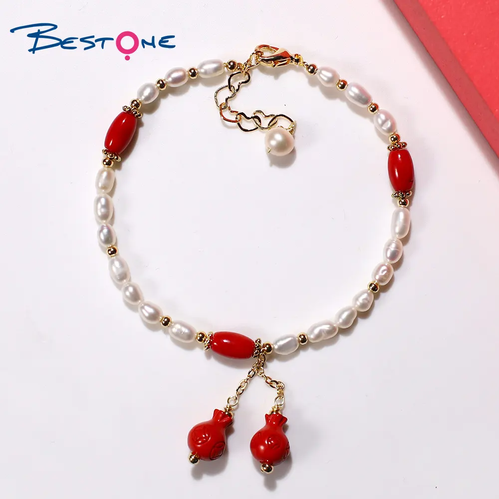 Bestone Red Sea Bamboo Beads Fresh Water Pearl Bracelet with Cinnabar Lucky Bag Charm Pearl Charm Bracelet Wholesale