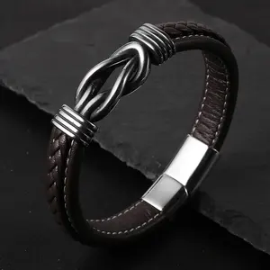 Hot Sale Men Personality Stainless Charm Cuff Bracelets Genuine Leather Magnetic Buckle Wristband OEM/ODM